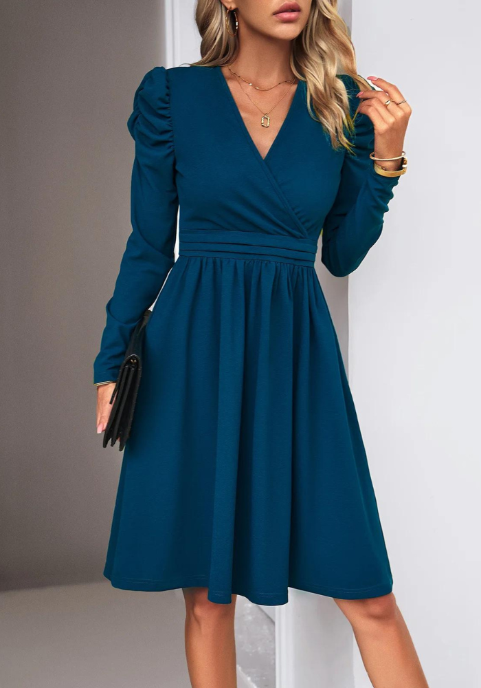 Robe courte hiver col V Bleu / S